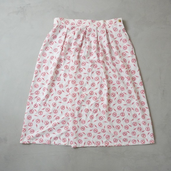 Vintage Dresses & Skirts - Vintage Anchor Print Midi Skirt Medium Womens White Red Pleated Coastal